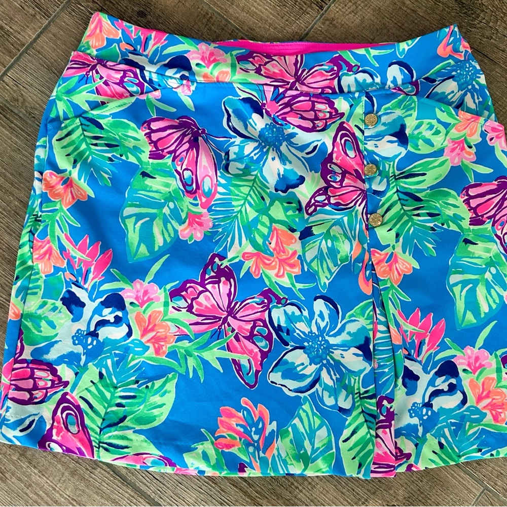 Lilly Pulitzer Blue Tropical Floral Skirt with Pink and Green Accents
